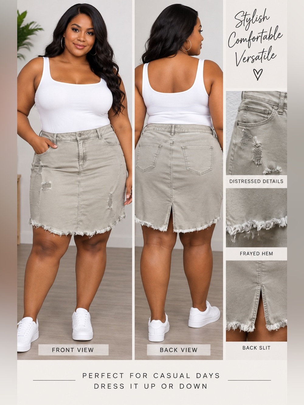 EST 1946 DENIM Distressed Frayed Hem Denim Skirt 16W - Taupe